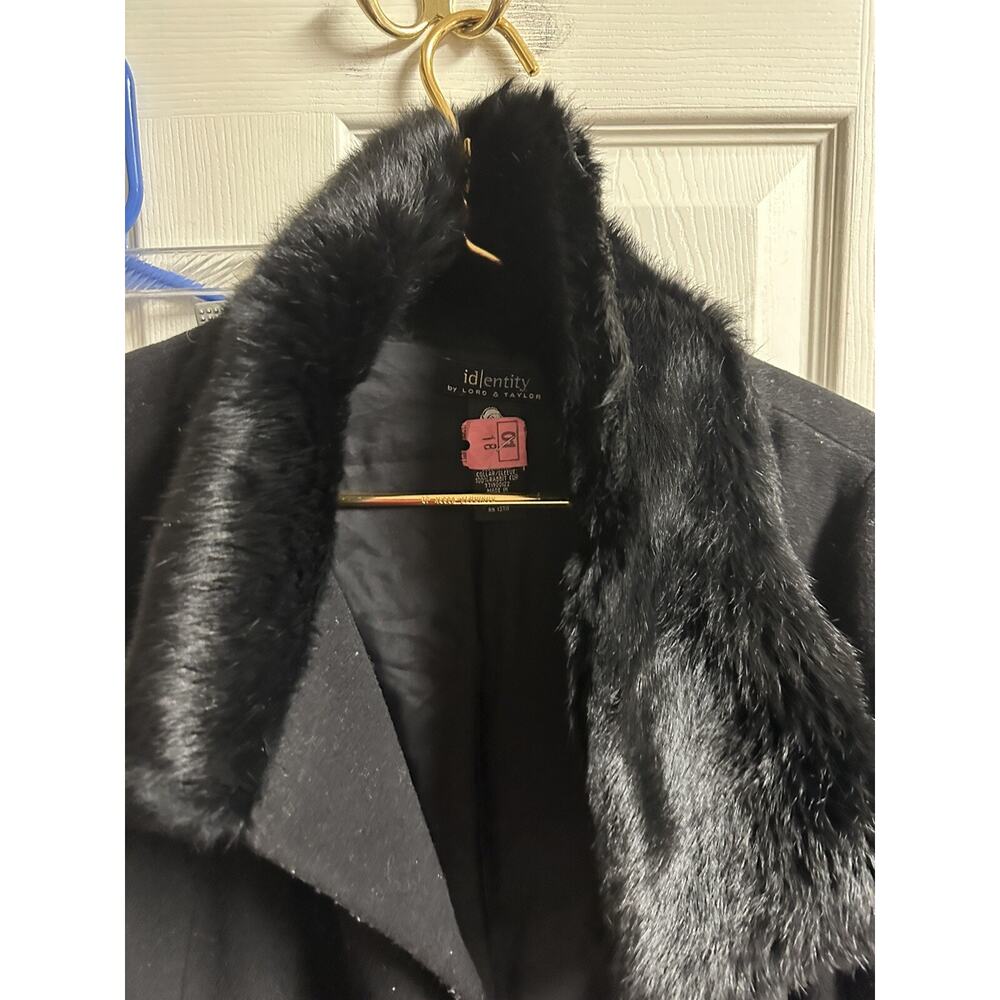90s Wool Lord Taylor Jacket Coat Women's Black Rabbit Fur Collar Small 6 Tie - Picture 2 of 7